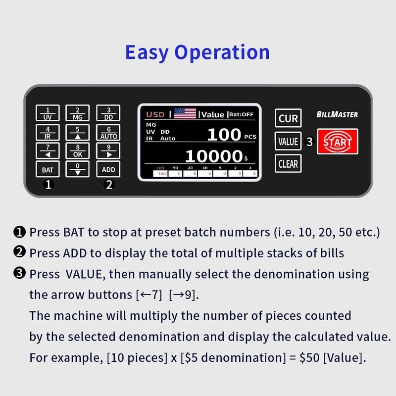 BillMaster BM6520 Money Counter Machine – Value Counting Cash Counter for USD EUR CAD MXN – Fake Bill Detector with Batch & Add – Large TFT Color Screen Bill Counter - US Service Team - Image 4